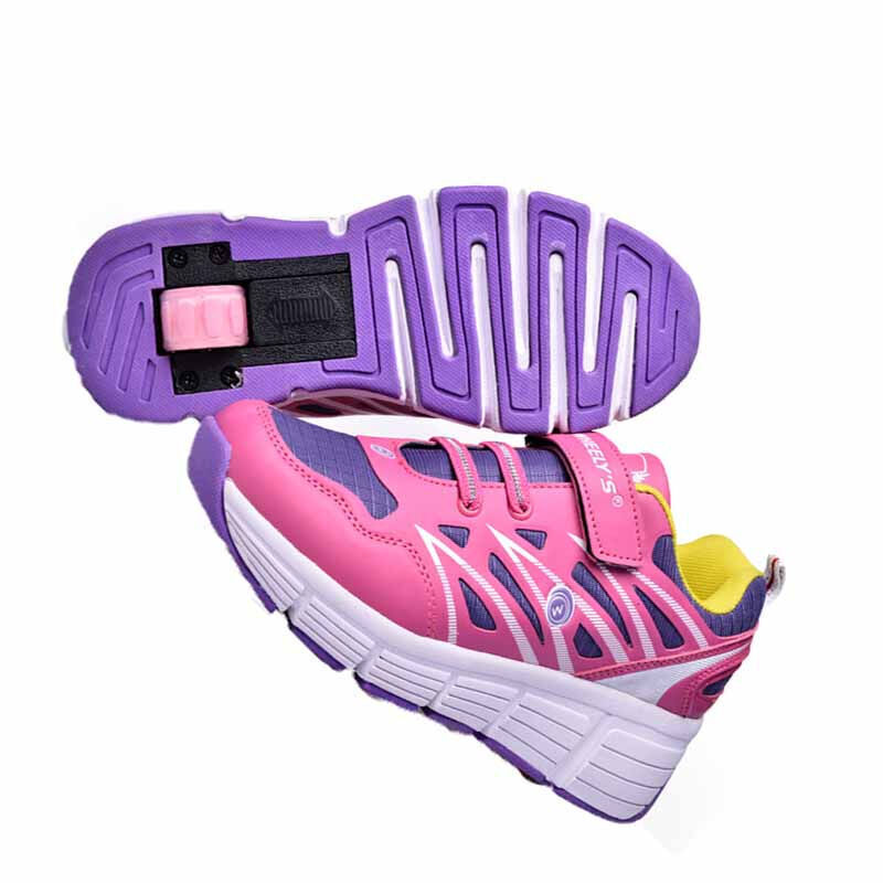 户外体育运动轮滑滑板鞋单轮自动 带轮滑运动鞋暴走鞋 有轮子的运动鞋 白粉红色 34